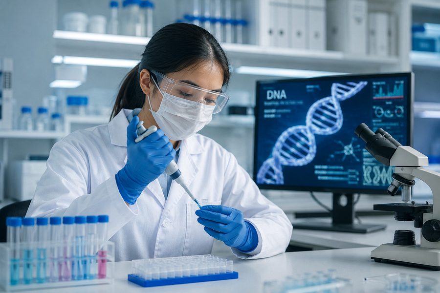 Peneliti sedang melakukan eksperimen DNA di laboratorium